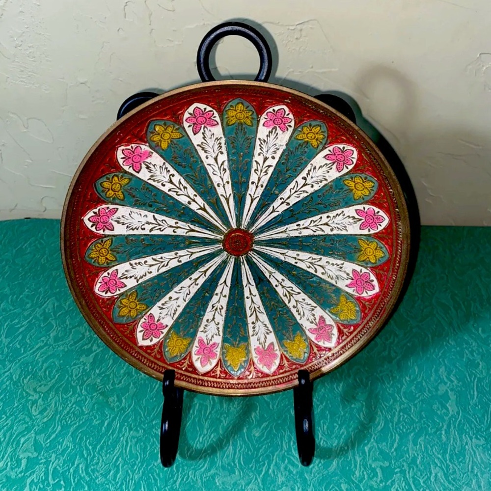 Vintage 7.5" Decorative Brass Plate Enamel Painted Colorful Metal Art India